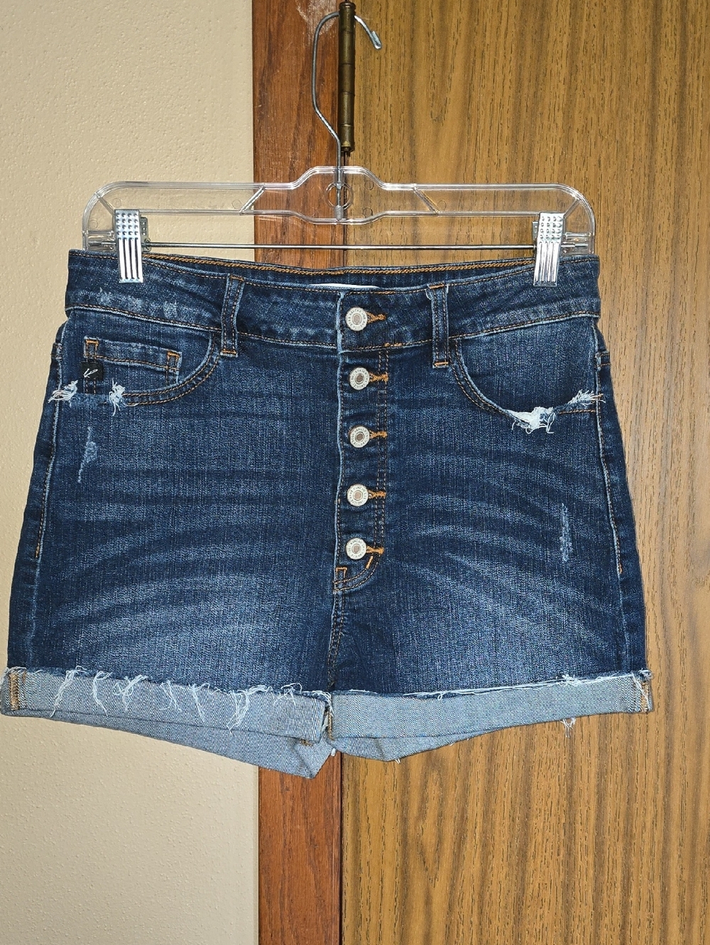 KanCan Dark Blue Button-Front Distressed Denim Shorts